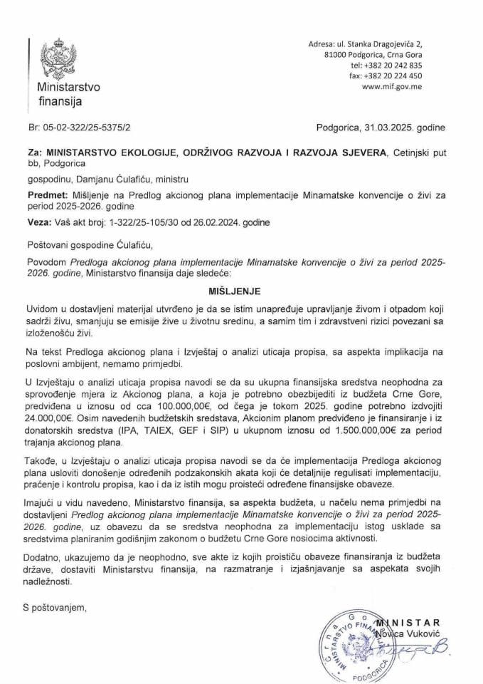 Mišljenje na Predlog akcionog plana implementacije Minamatske konvencije o živi za period 2025-2026. godine