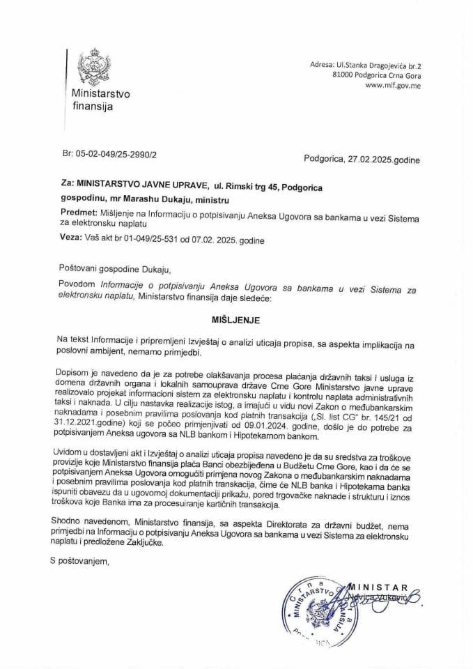 Mišljenje - Informacija o potpisivanju Aneksa ugovora sa bankama u vezi Sistema za elektronsku naplatu