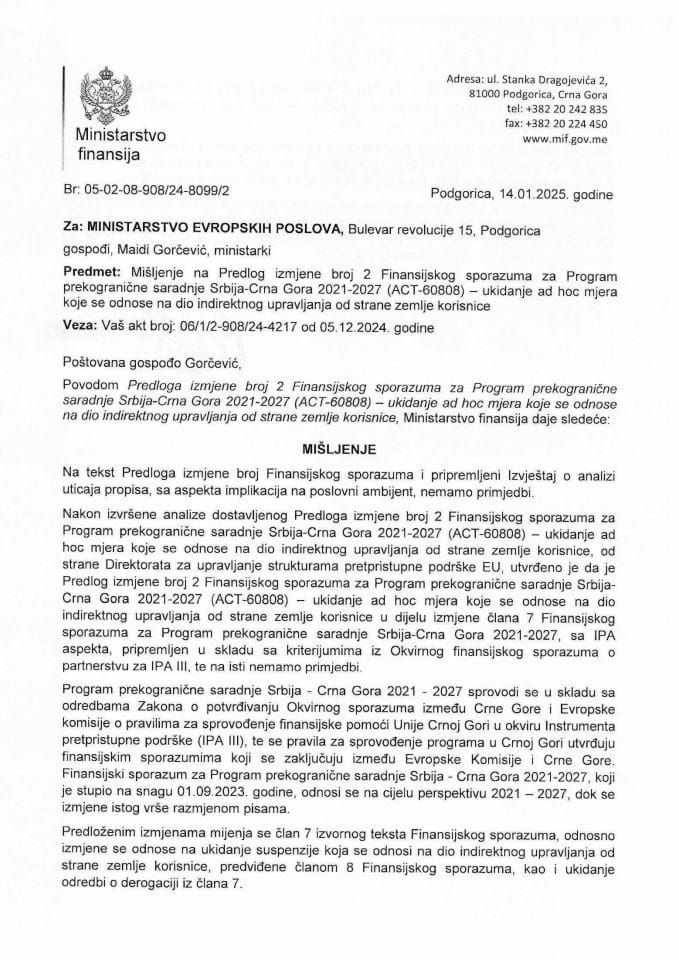 Mišljenje - Predlog izmjene broj 2 Finansijskog sporazuma za Program prekogranične saradnje Srbija-Crna Gora 2021-2027 (ACT-60808)
