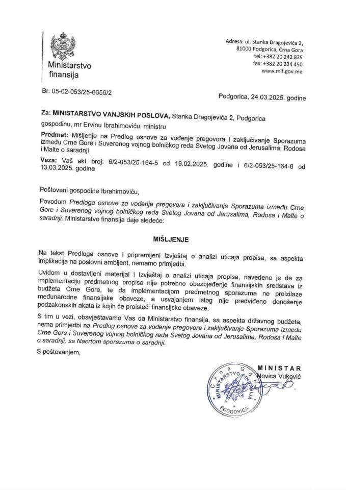 Mišljenje - Predlog osnove za vodjenje pregovora i zakljucivanje Sporazuma izmedju CG i Suverenog vojnog bolnickog reda