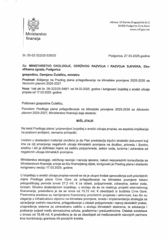 Mišljenje - Predlog plana prilagodjavanja na klimastke promjene 2025-2035 sa Akcionim planom