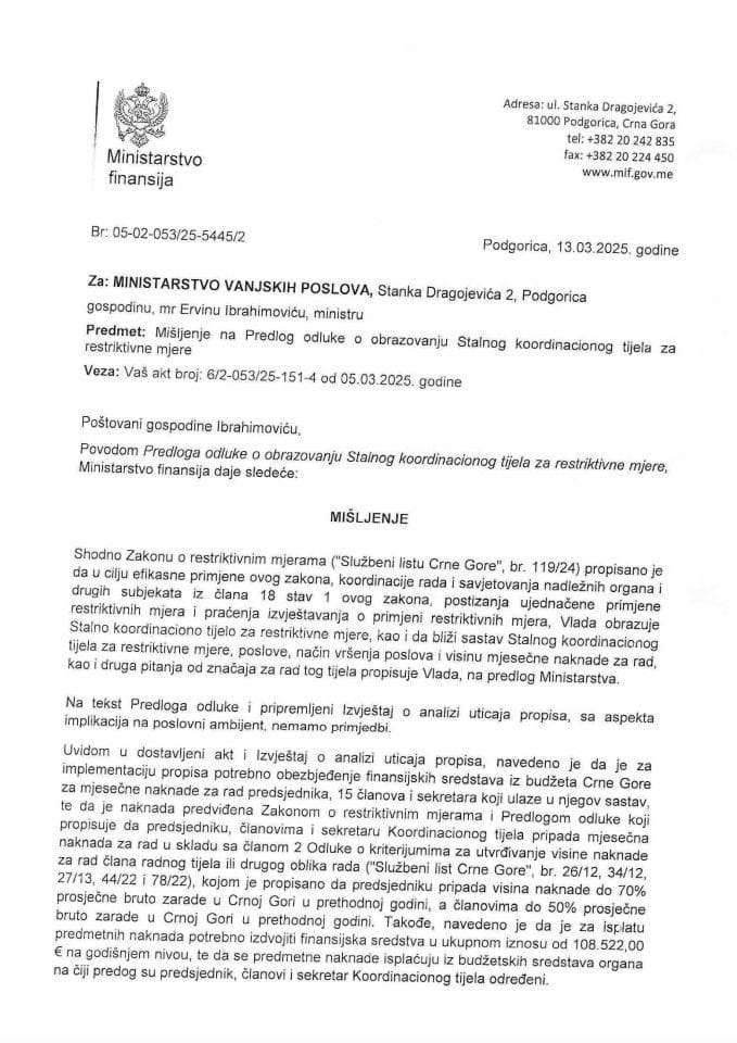 Mišljenje - Odluka-obrazovanju Stalnog koordinacionog tijela za restriktivne mjere