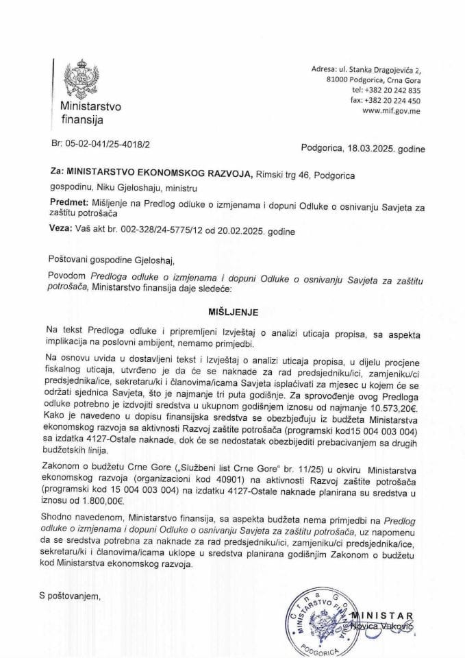 Mišljenje - Odluka-osnivanje Savjeta za zaštitu potrošača