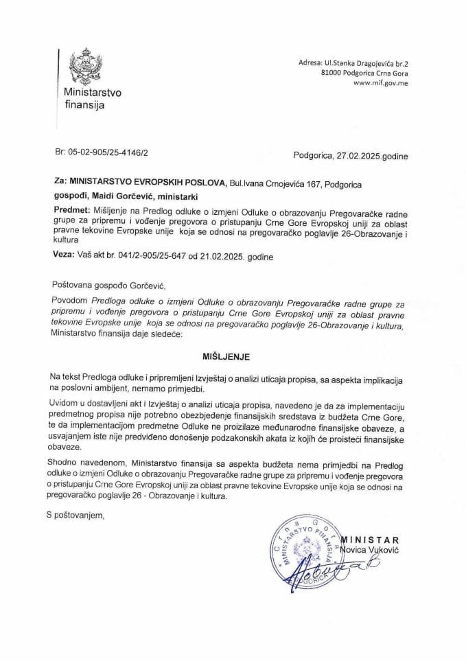 Mišljenje na Predlog odluke o izmjeni Odluke o obrazovanju Pregovaračke radne grupe za pripremu i vođenje pregovora o pristupanju Crne Gore Evropskoj Uniji