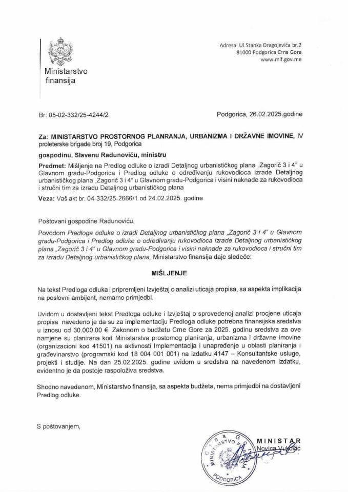 Mišljenje - Predlog odluke  o izradi Detaljnog urbanističkog plana Zagorič 3 i 4