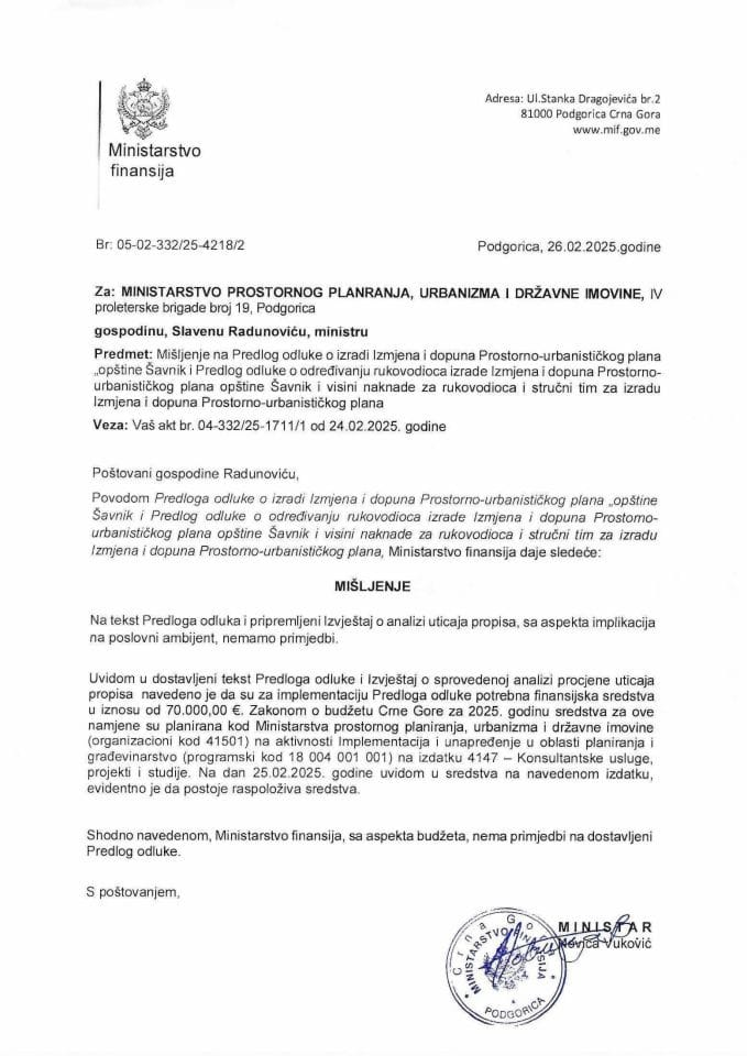 Mišljenje - Predlog odluke o izradi izmjena i dopuna Prostorno urbanističkog plana opštine Šavnik