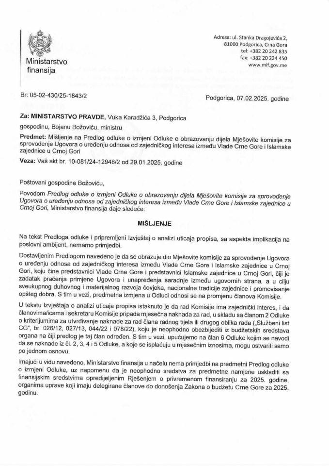 Mišljenje na Predlog odluke o djelu Mješovite komisije VCG i Islamske zajednice u CG