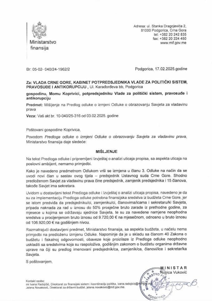 Mišljenje - Predlog odluke o izmjeni Odluke o obrazovanju Savjeta za vladavinu prava