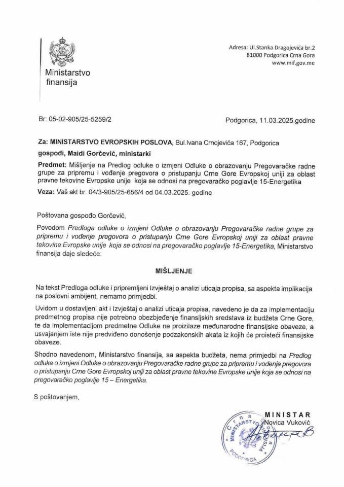 Mišljenje - Predlog odluke o izmjeni odluke PP 15 Energetika