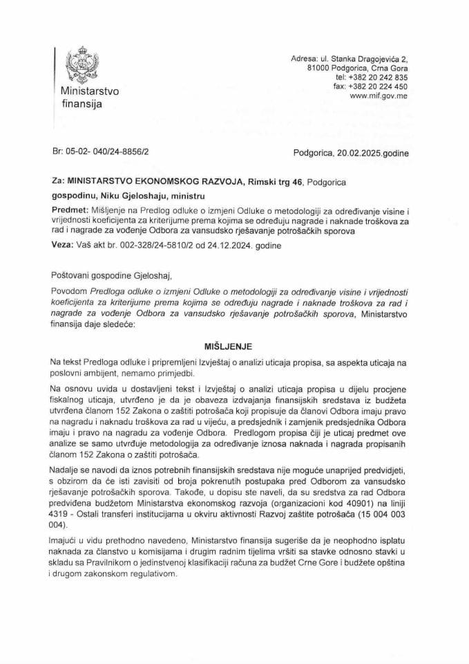 Mišljenje - Predlog odluke o izmjeni Odluke o metodologiji za određivanje visine i vrijednosti koeficijenta za vansudsko rješavanje potrošačkih sporova