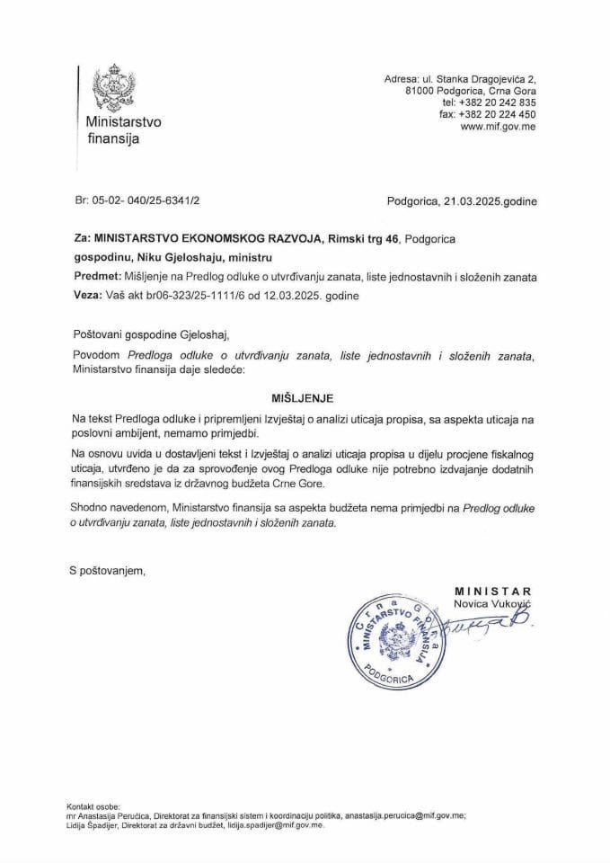 Mišljenje - Predlog odluke o utvrdjivanju zanata liste jednostavnih i slozenih zanata