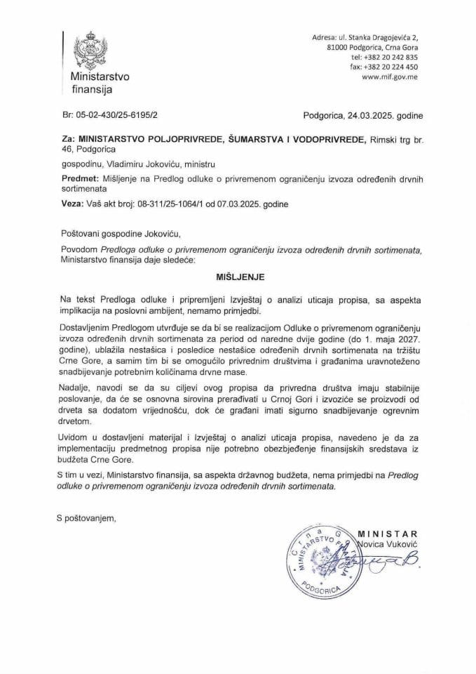 Mišljenje - Predlog odluke o privremenom ogranicenju izvoza odredjenih drvnih sortimenata