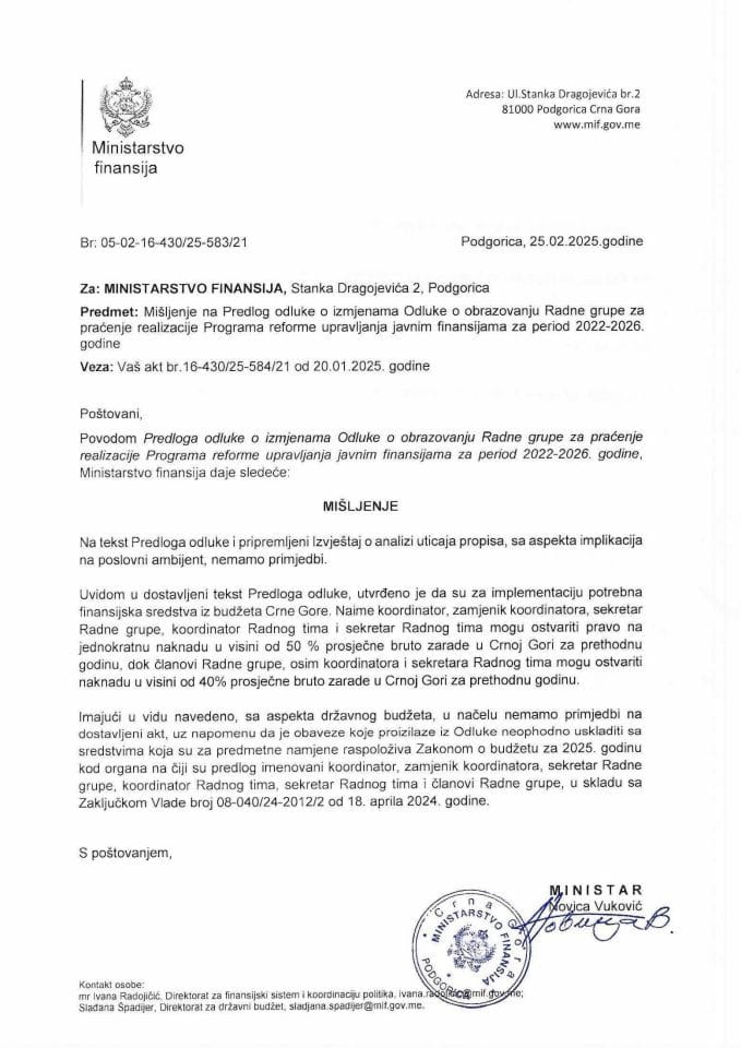 Mišljenje - Predlog odluke o izmjeni Odluke o obrazovanju Radne grupe za praćenje realizacije Programa reforme upravljanja javnim finansijama