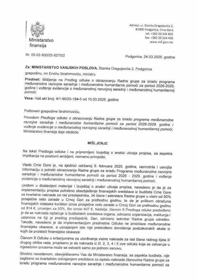 Mišljenje - Predlog odluke o obrazovanju RG za izradu programa medj saradnje