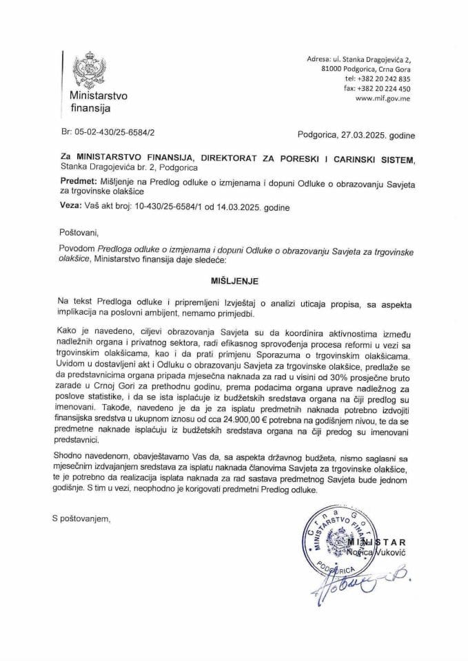 Mišljenje - Predlog odluke o izmjenama i dopuni Odluke o obrazovanju Savjeta za trgovinske olakšice