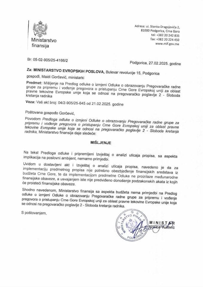 Mišljenje na Predlog odluke o izmjeni Odluke o obrazovanju Pregovaračke radne grupe za pripremu i vođenje pregovora o pristupanju Crne Gore Evropskoj Uniji za oblast pravne tekovine Evropske unije