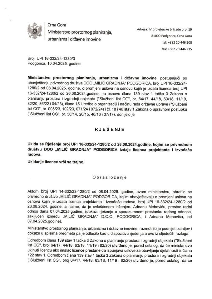 Rješenja o oduzimanju-ukidanju licence - UPI 16-332-24-1280-3 DOO MILIĆ GRADNJA