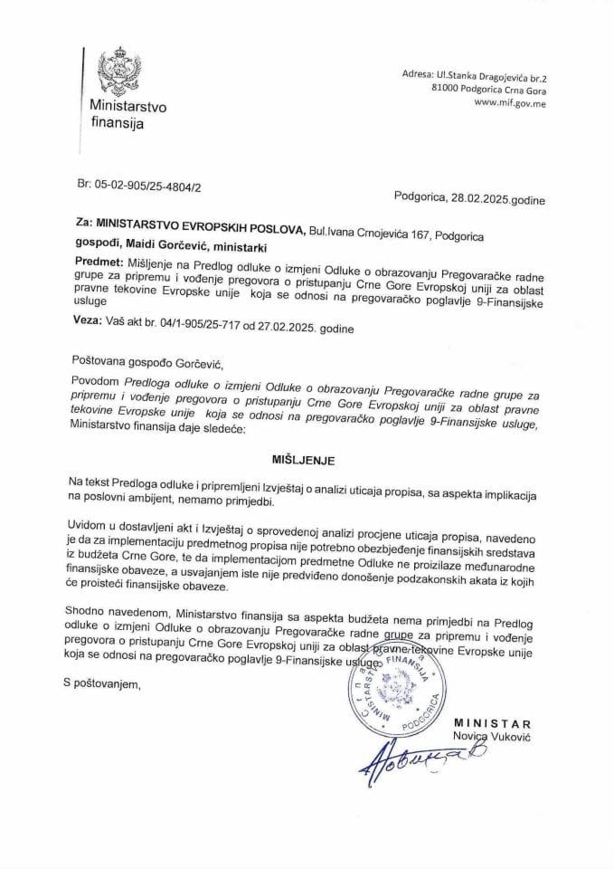 Mišljenje - RG 9 Finansijske usluge