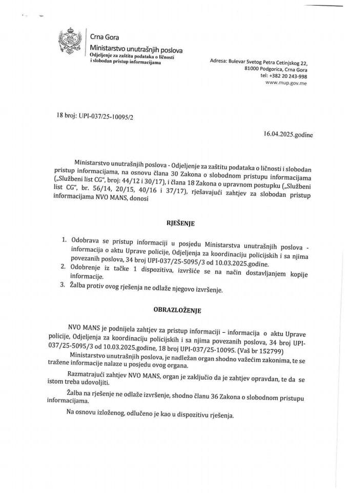 Rješenje br. 18-UPI-037/25-10095/2