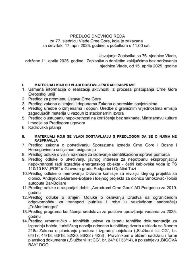 Предлог дневног реда за 77. сједницу Владе Црне Горе