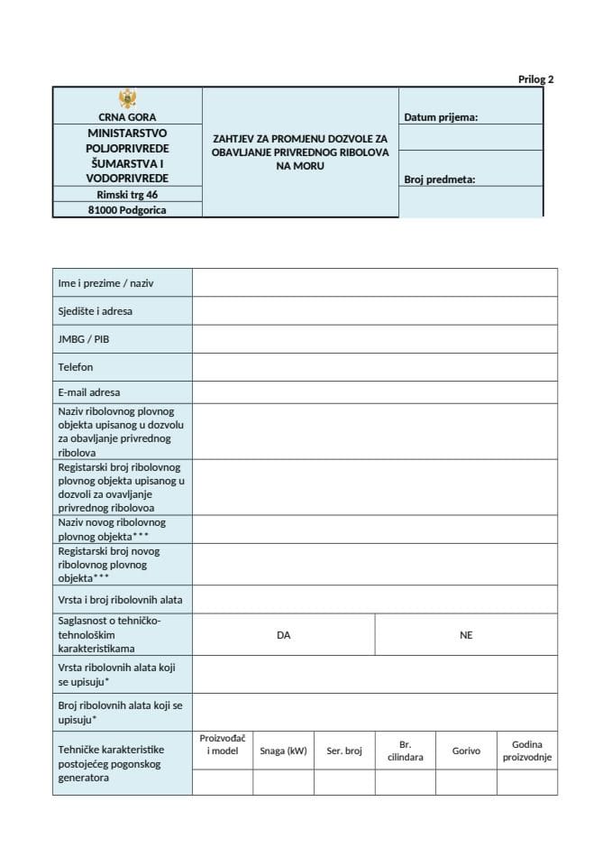 Zahtjev za promjenu dozvole za obavljanje privrednog ribolova (Prilog II) 