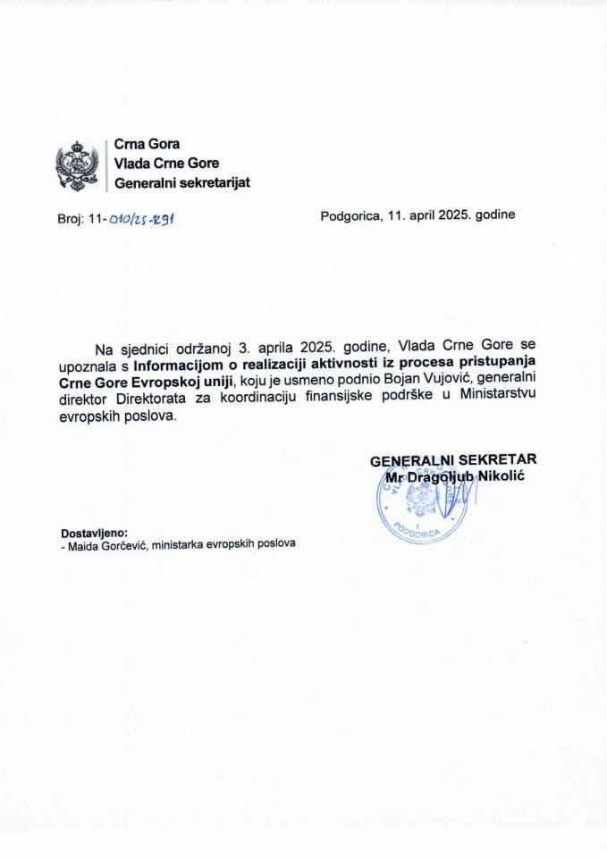 Усмена информација о реализацији активности из процеса приступања Црне Горе Европској унији - закључци