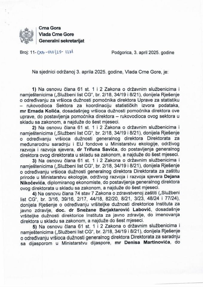 Кадровска питања - 75. сједница Владе Црне Горе - закључци