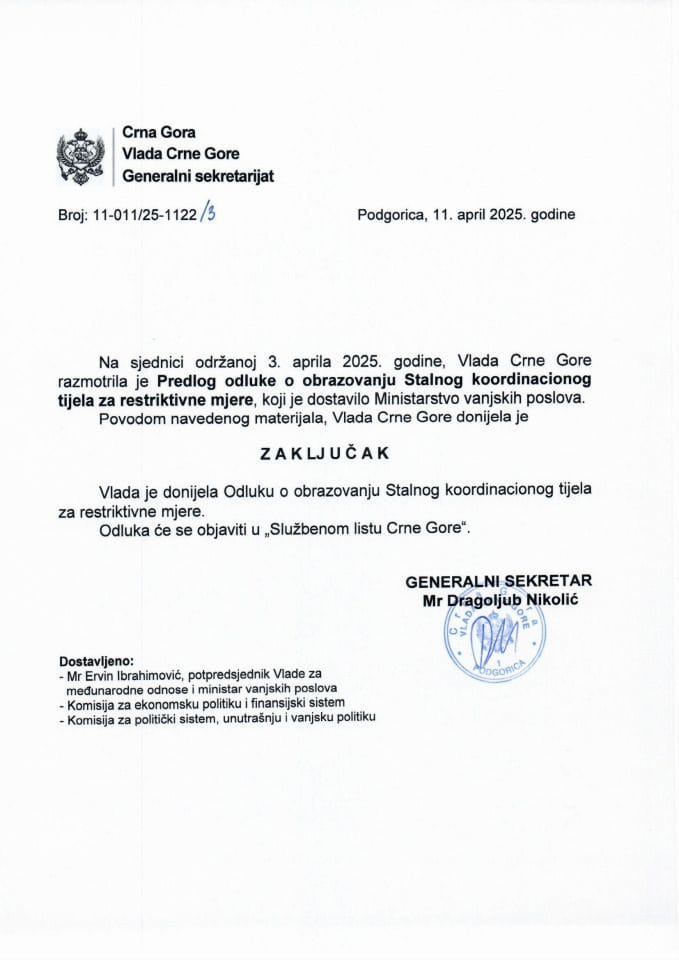 Предлог одлуке о образовању Сталног координационог тијела за рестриктивне мјере - закључци