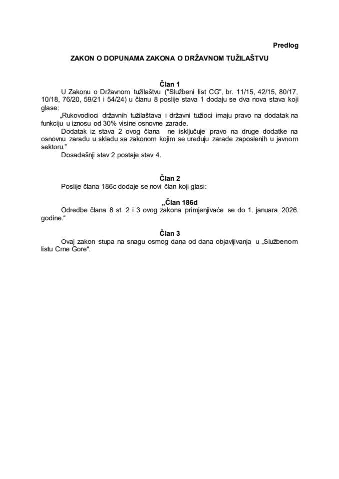 Predlog zakona o dopunama Zakona o Državnom tužilaštvu