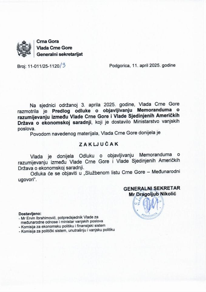 Предлог одлуке о објављивању Меморандума о разумијевању између Владе Црне Горе и Владе Сједињених Америчких Држава о економској сарадњи - закључци