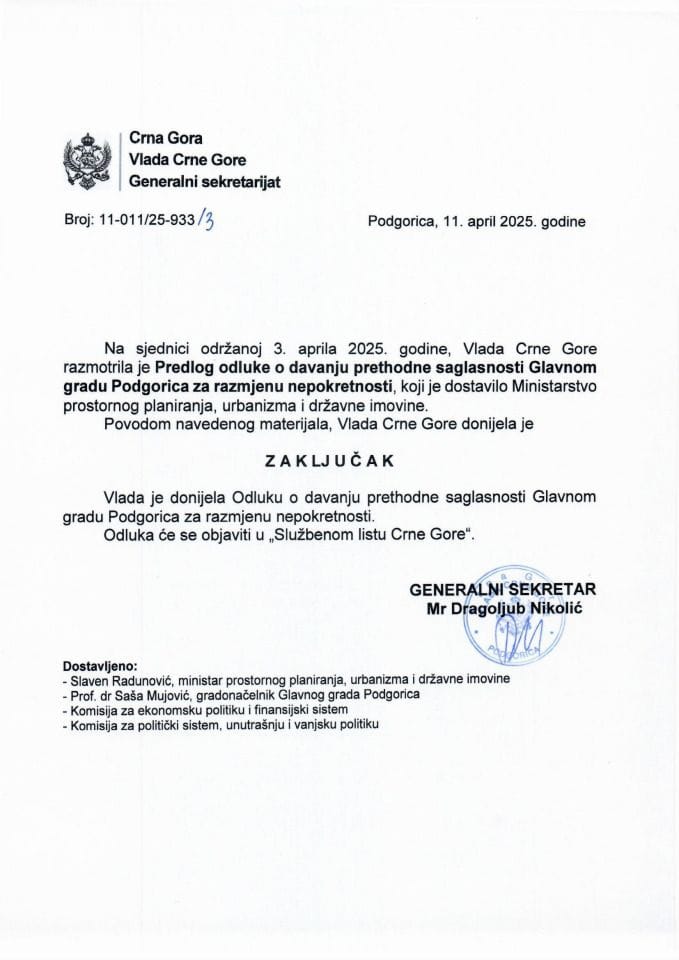 Предлог одлуке о давању претходне сагласности Главном граду Подгорица за размјену непокретности - закључци