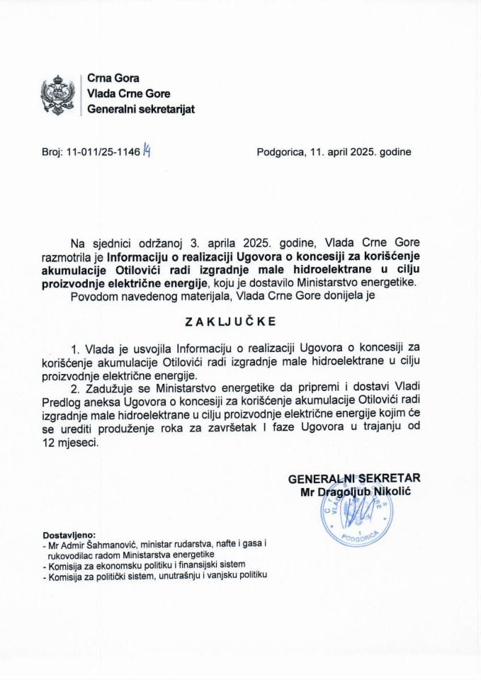 Информација о реализацији Уговора о концесији за коришћење акумулације Отиловићи ради изградње мале хидроелектране у циљу производње електричне енергије - закључци