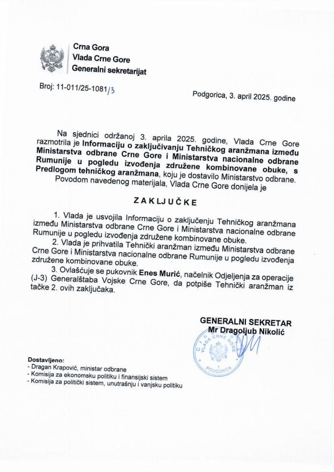 Информација о закључивању Техничког аранжмана између Министарства одбране Црне Горе и Министарства националне одбране Румуније у погледу извођења здружене комбиноване обуке с Предлогом техничког аранжмана - закључци