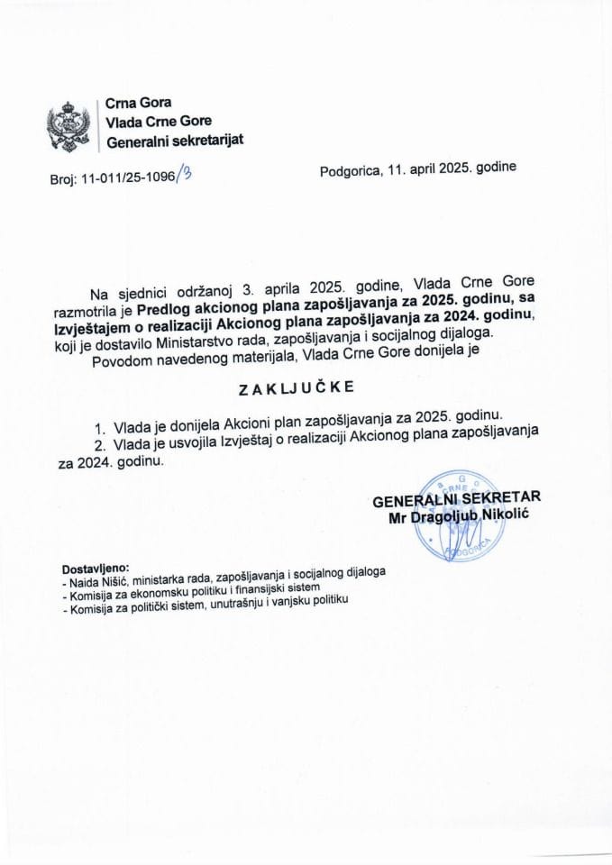 Предлог акционог плана запошљавања за 2025. годину са Извјештајем о реализацији Акционог плана запошљавања за 2024. годину - закључци