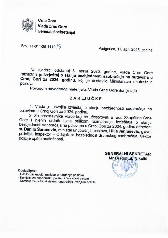 Извјештај о стању безбједности саобраћаја на путевима у Црној Гори за 2024. годину - закључци