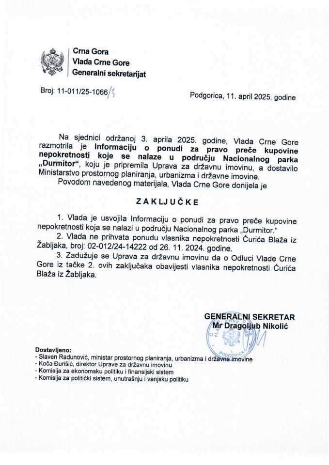 Информација о понуди за право прече куповине непокретности које се налазе у подручју Националног парка „Дурмитор“ - закључци