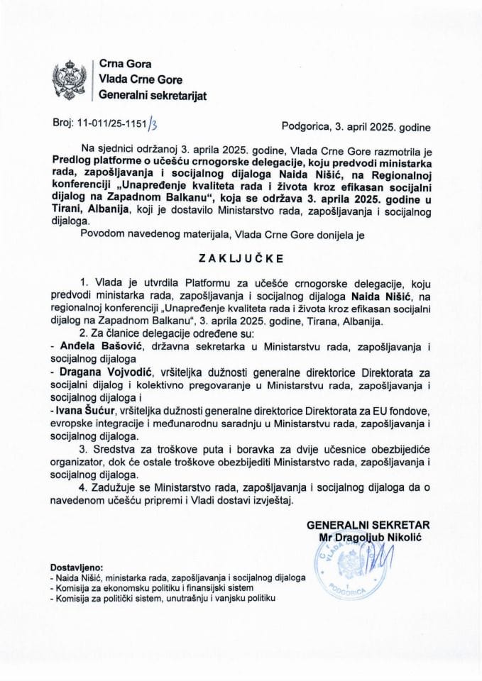 Предлог платформе о учешћу црногорске делегације коју предводи министарка рада, запошљавања и социјалног дијалога Наида Нишић на Регионалној конференцији „Унапређење квалитета рада и живота кроз ефикасан социјални дијалог на ЗБ“ - закључци