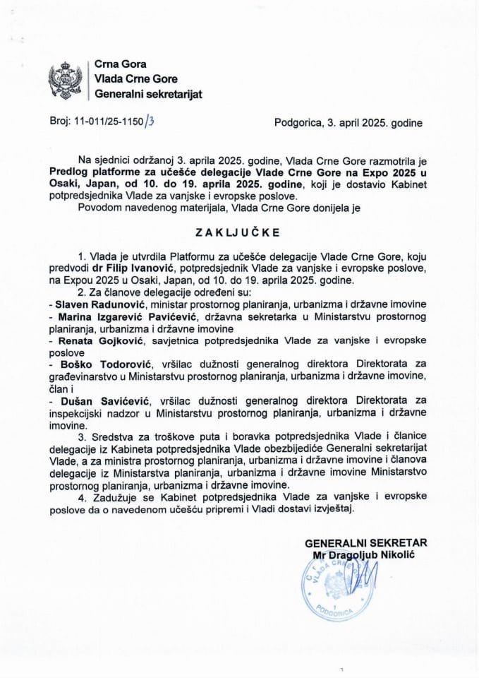 Предлог платформе за учешће делегације Владе Црне Горе на Expo 2025 у Осаки, Јапан, од 10. до 19. априла 2025. године - закључци