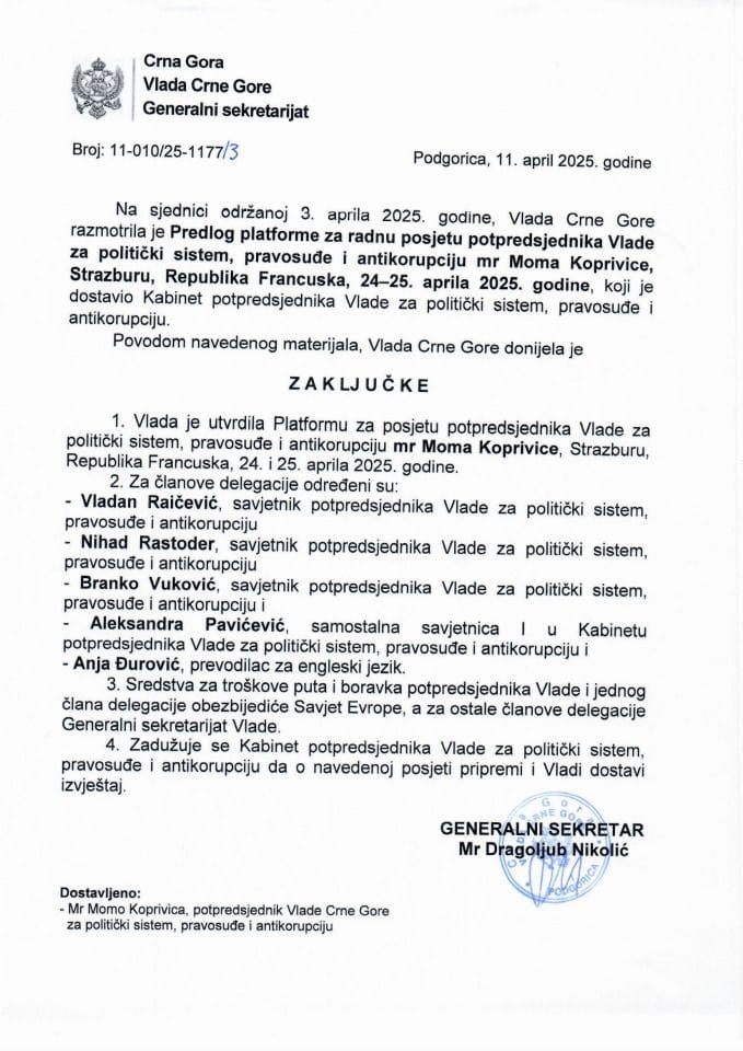 Предлог платформе за радну посјету потпредсједника Владе за политички систем, правосуђе и антикорупцију мр Мома Копривице, Стразбуру, Република Француска, 24-25. априла 2025. године - закључци