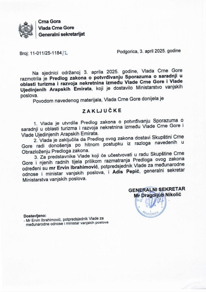 Предлог закона о потврђивању Споразума о сарадњи у области туризма и развоја некретнина између Владе Црне Горе и Владе Уједињених Арапских Емирата - закључци