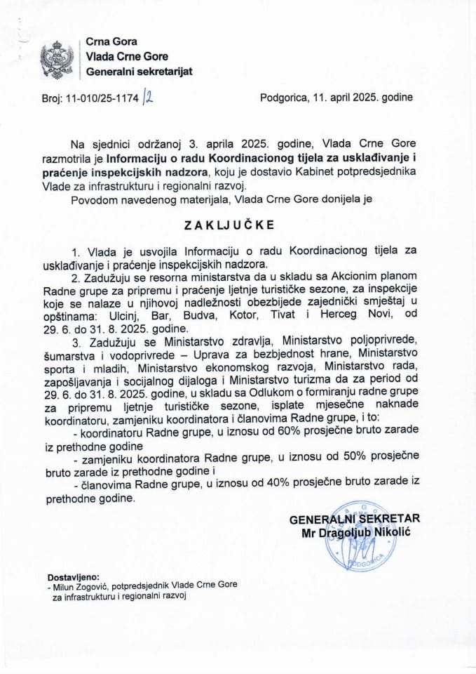 Информација о раду Координационог тијела за усклађивање и праћење инспекцијских надзора - закључци