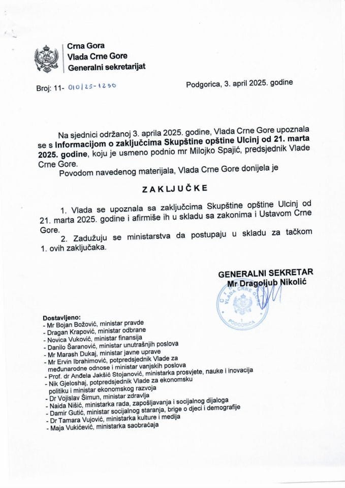 Усмена информација о упознавању са закључцима Скупштине општине Улцињ од 21. марта 2025. године - закључци