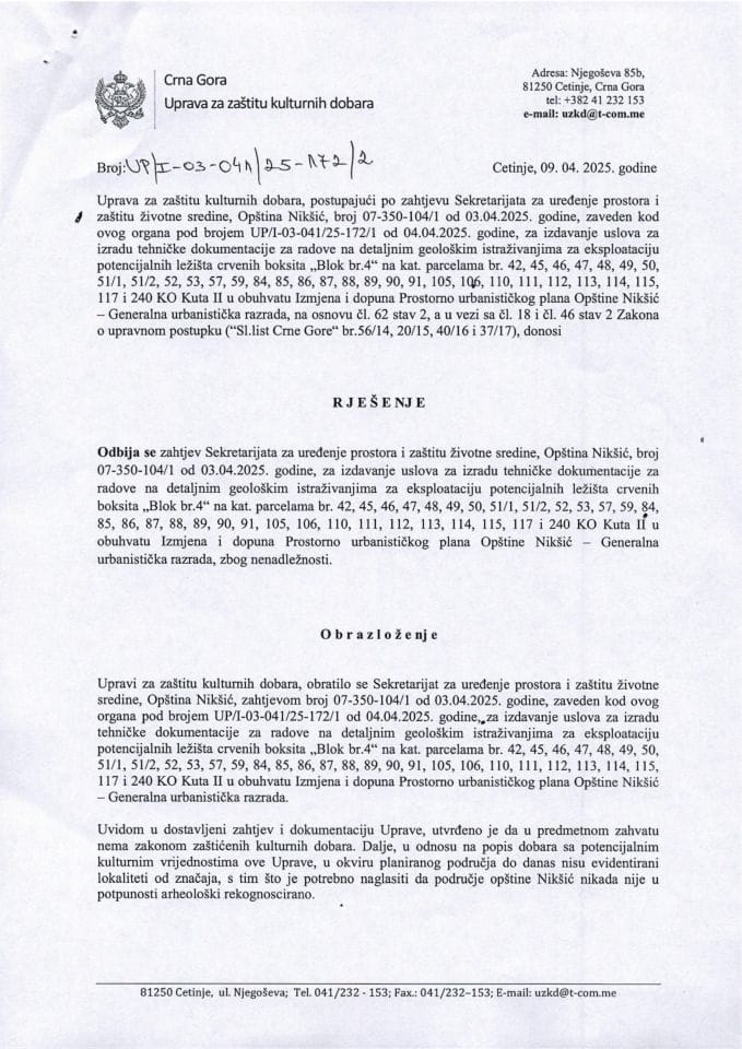 Rješenje o odbijanju zahtjeva UP-I-03-041-25-172-2 od 09.04.2025.