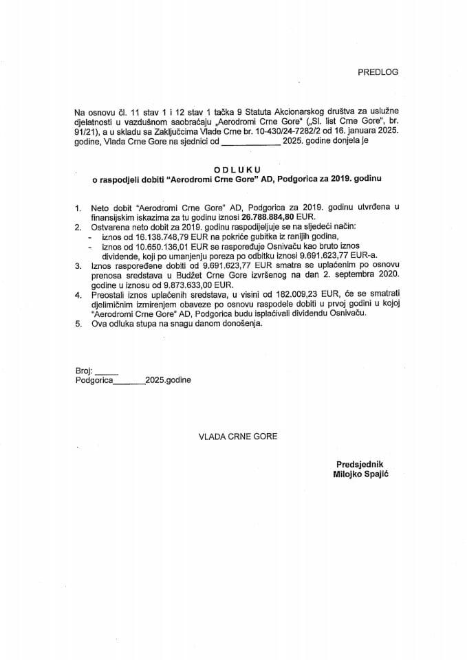 Предлог одлуке о расподјели добити „Аеродроми Црне Горе“ АД Подгорица за 2019. годину