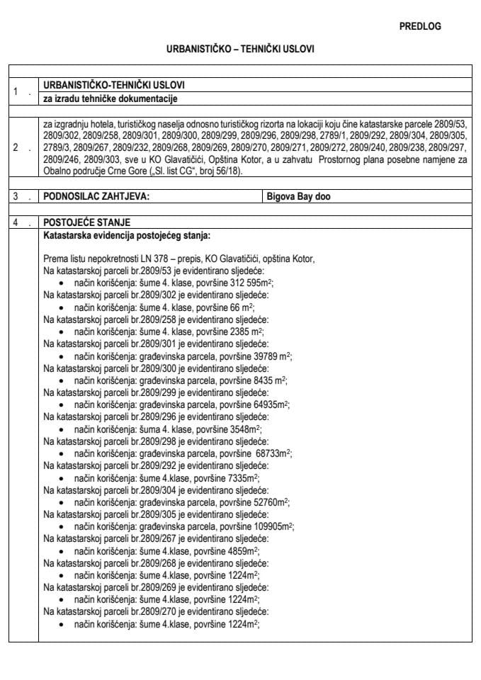 Predlog urbanističko - tehničkih uslova za izradu tehničke dokumentacije za izgradnju hotela, turističkog naselja odnosno turističkog rizorta u skladu sa članom 218a Zakona o planiranju prostora i izgradnji objekata