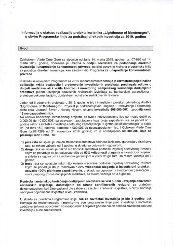 Informacija o statusu realizacije projekata korisnika „Lighthouse of Montenegro“, u okviru Programske linije za podsticaj direktnih investicija za 2019. godinu