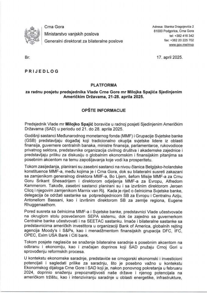 Предлог платформе за радну посјету предсједника Владе Црне Горе мр Милојка Спајића Сједињеним Америчким Државама, 21-28. априла 2025. године