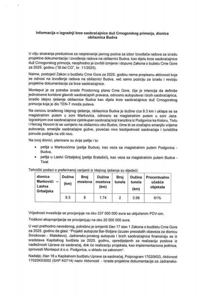 Informacija o izgradnji brze saobraćajnice duž Crnogorskog primorja, dionica obilaznica Budva