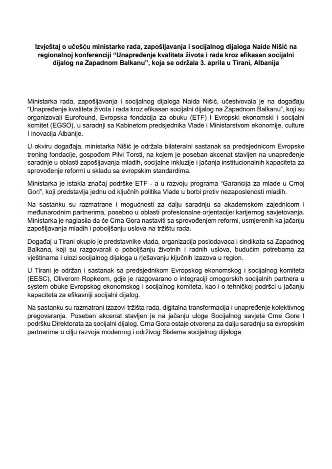 Извјештај о учешћу министарке рада, запошљавања и социјалног дијалога Наиде Нишић на регионалној конференцији „Унапређење квалитета живота и рада кроз ефикасан социјални дијалог на Западном Балкану“, која је одржана 3. априла 2025. године, у Тирани