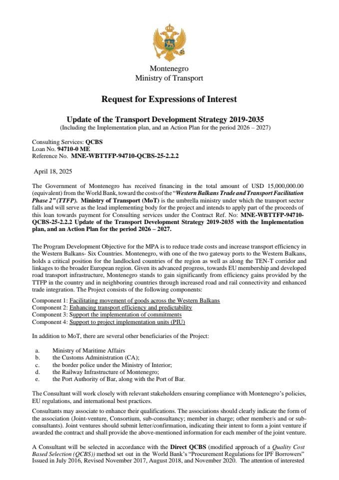 Request for Expressions of Interest - Update of the Transport Development Strategy 2019-2035